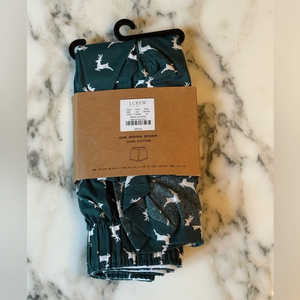 NWT J Crew Men’s Boxers Green and White Reindeer Print Sz M (32-34)